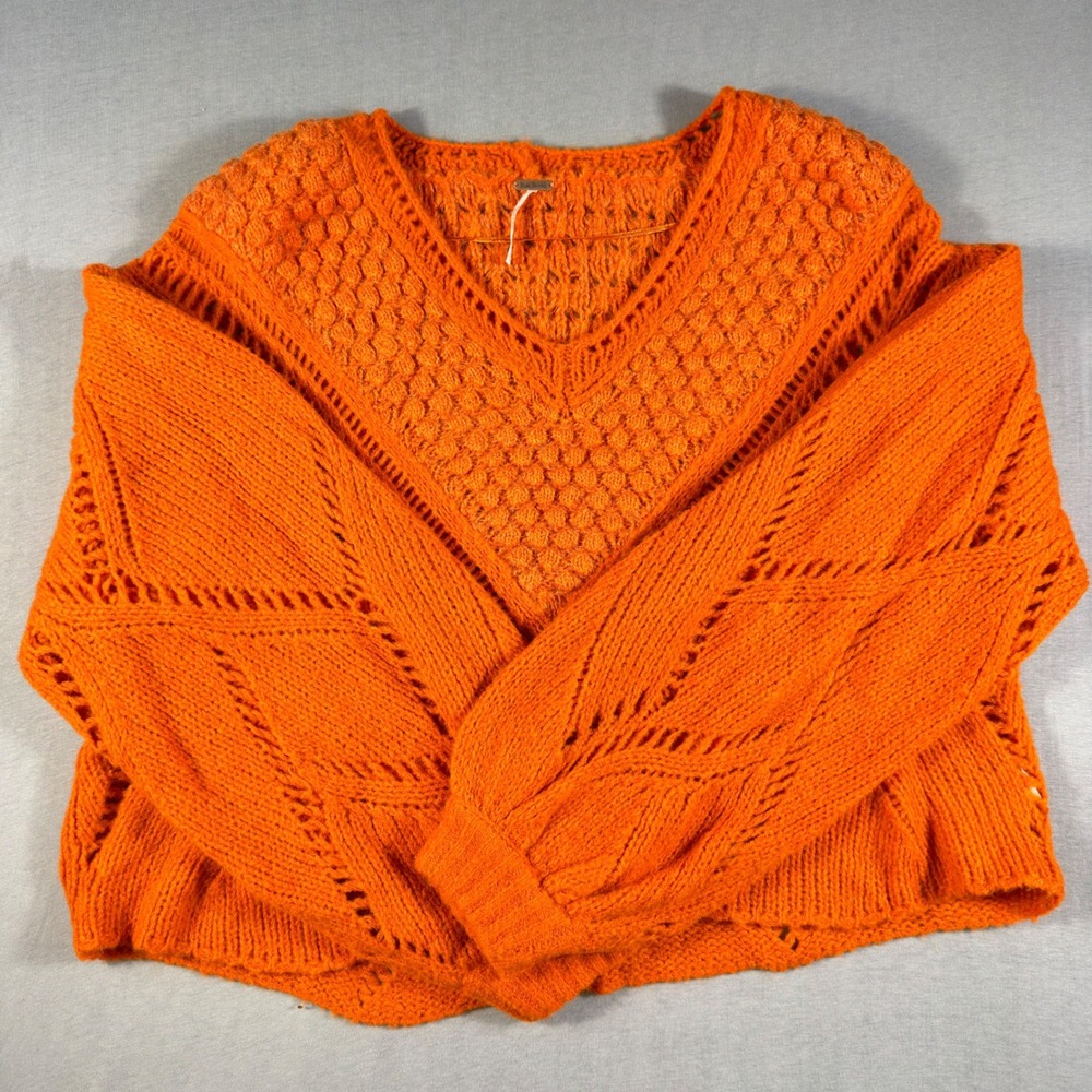 Free People My Only Sunshine V-Neck Sweater Orange Chunky Knit Wool Alpaca Med